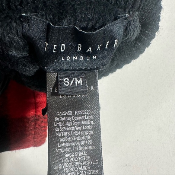 TED BAKER LONDON Mens Gloves Karrl Logo-Patch Black/Red Checked Poly Wool Blend - Picture 9 of 10